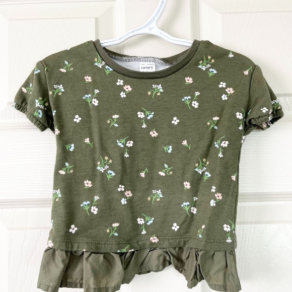 Old Navy Knit Pink Kids Overalls & Carters Green Floral Ruffle Top - Picture 2 of 2